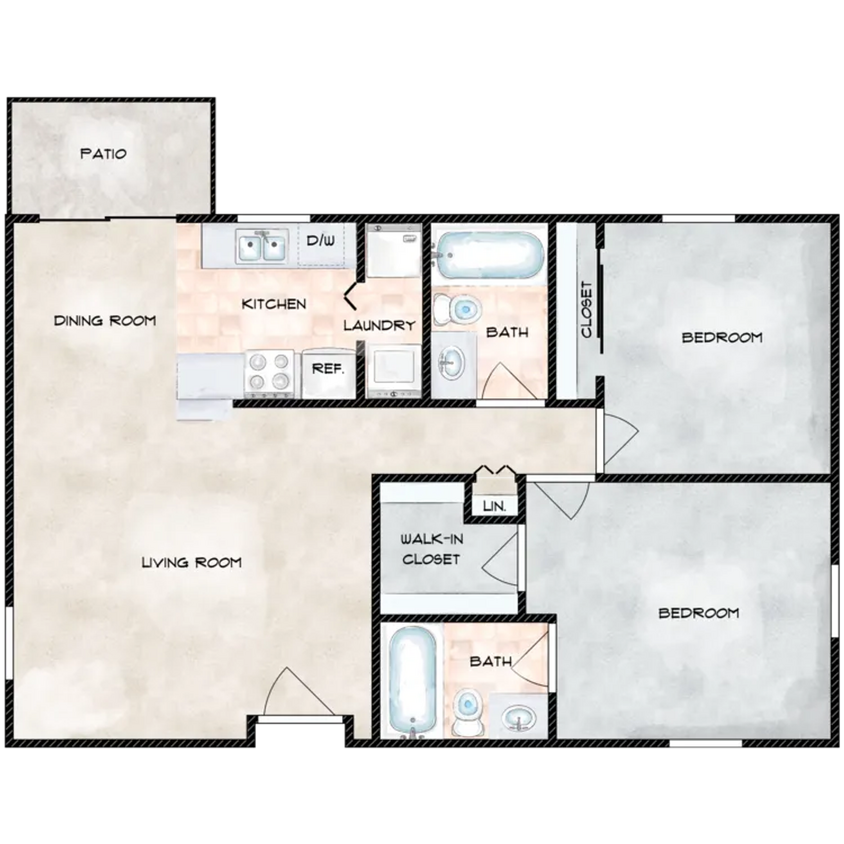 Floor Plan - Plan B (2BD/2BA, W&D)