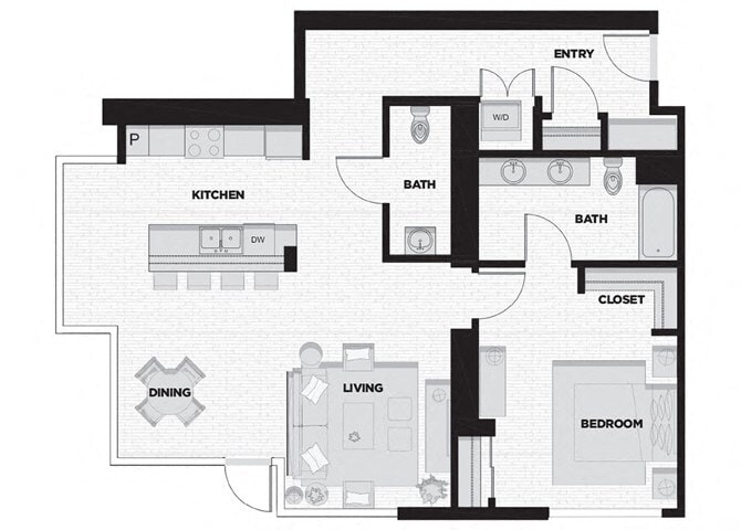Floor Plan - 1 Bed - 1.5 Bath N2
