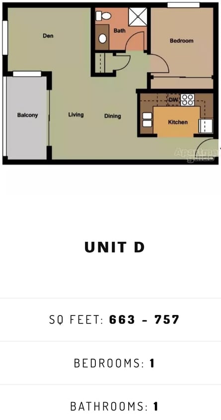 Floor Plan - 1 Bedroom, 1 Bathroom - D