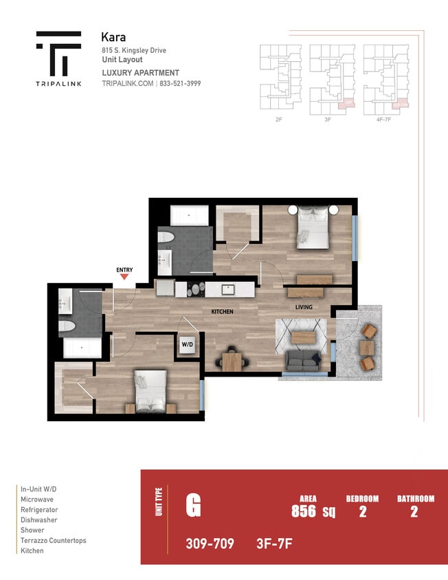 Floor Plan - 2 Bed 2 Bath - 856 sqft