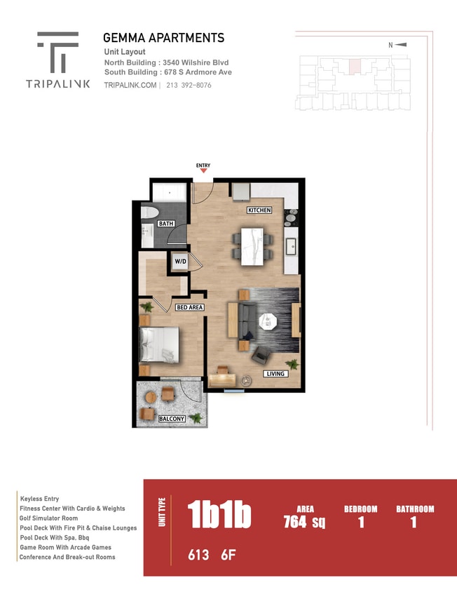 Floor Plan - 1 Bed 1 Bath - 764 sqft