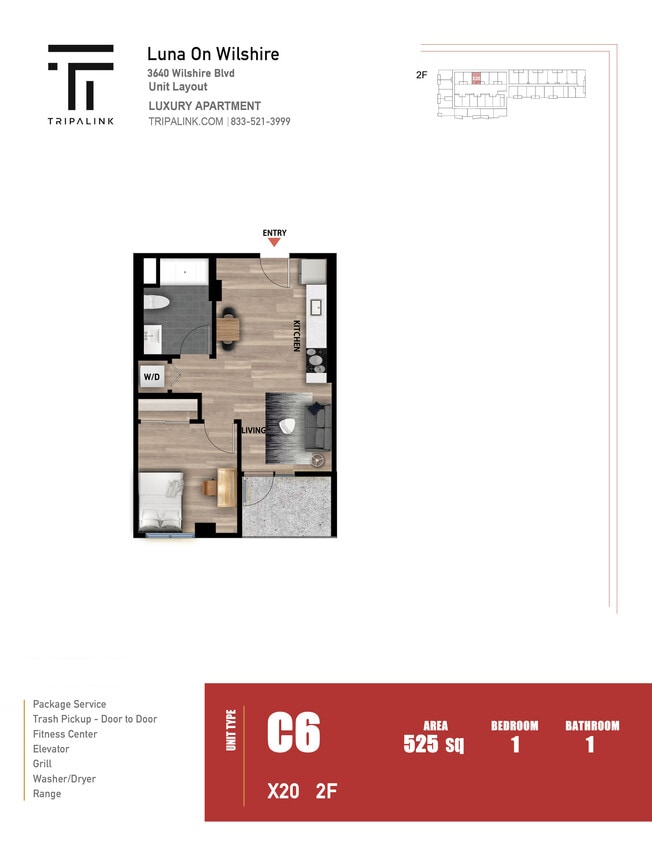 Floor Plan - 1 Bed 1 Bath - 525 sqft
