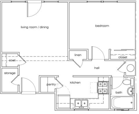 1BR, 1BA - 574 SF - 1 x 1
