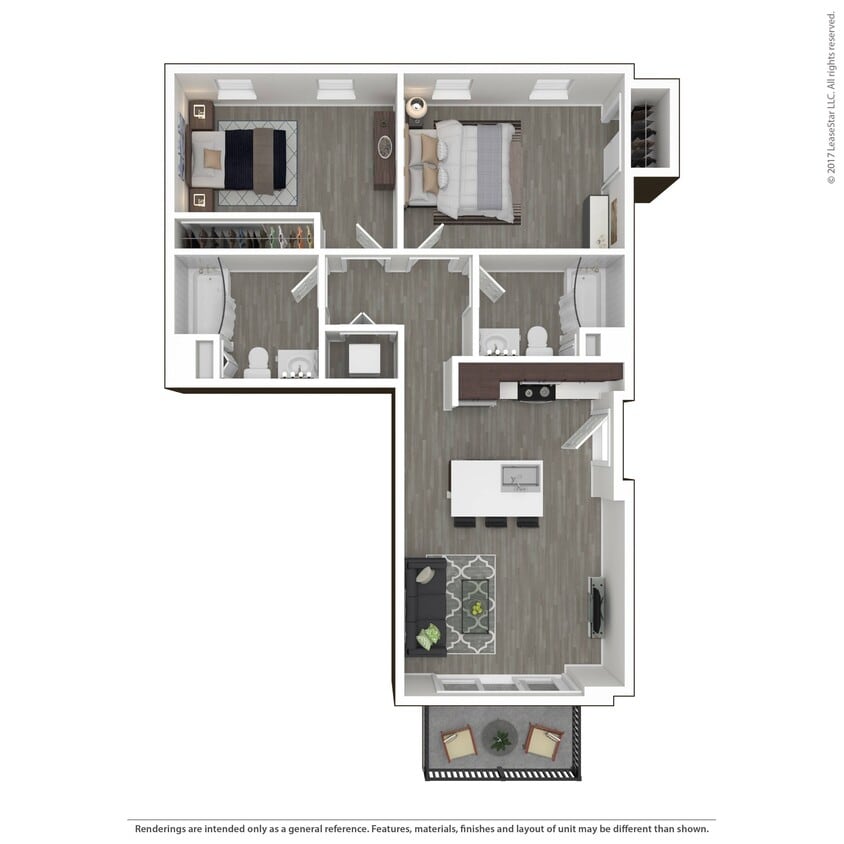 This second-level two-bedroom home features a courtyard-facing balcony, with slider doors to allow for light and air in your living room. The kitchen is fully equipped with an island bar, nine-foot ceilings throughout, and a full-size washer and dryer in the hallway. - E2