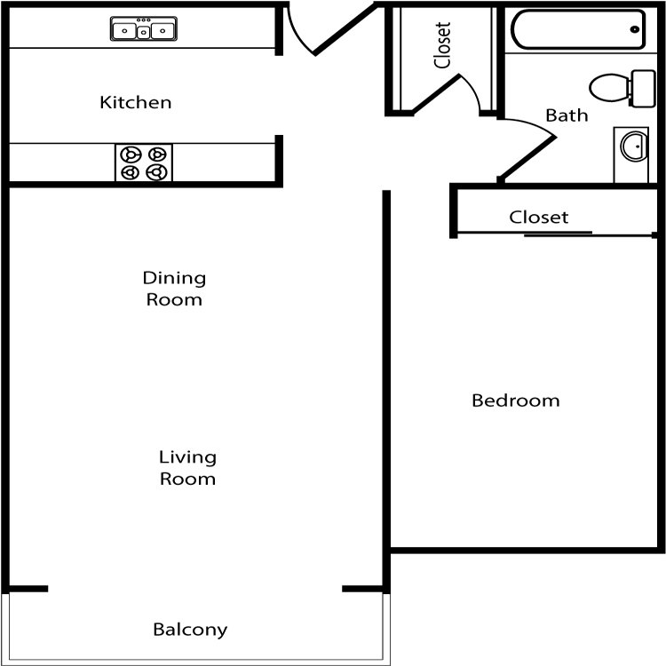 Floor Plan - 1 Bed, 1 Bath E