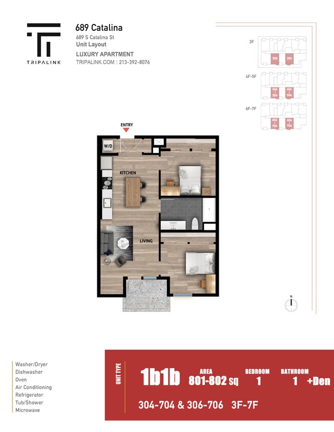 Floor Plan - 2 Bed 1 Bath +Den - 802 sqft