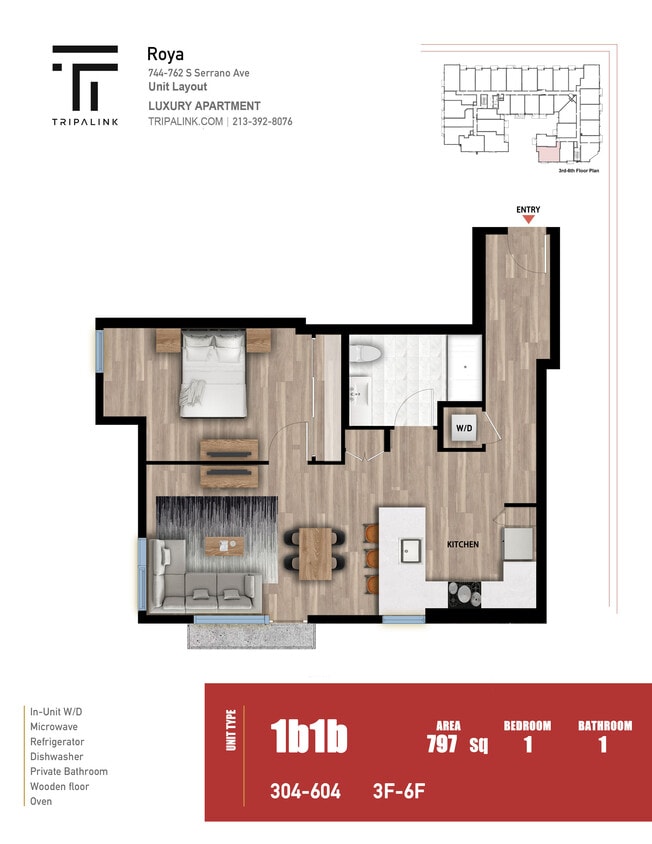 Floor Plan - 1 Bed 1 Bath - 797 sqft