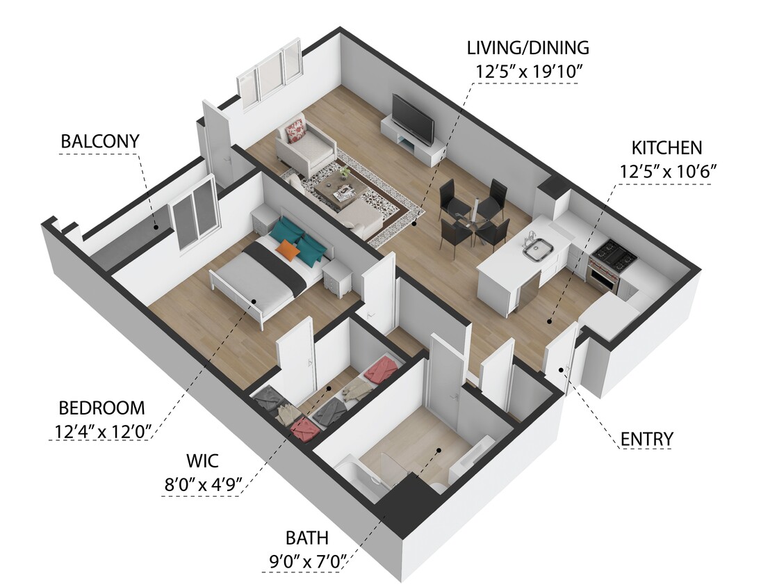 Floor Plan - 1 Bedroom, 1 Bathroom (A)