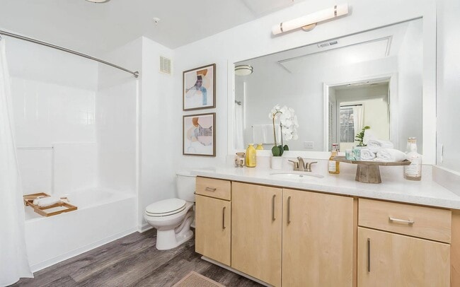 Modern Bathroom with Light Wood Vanity and Large Mirror - Villas at the Gardens Rental