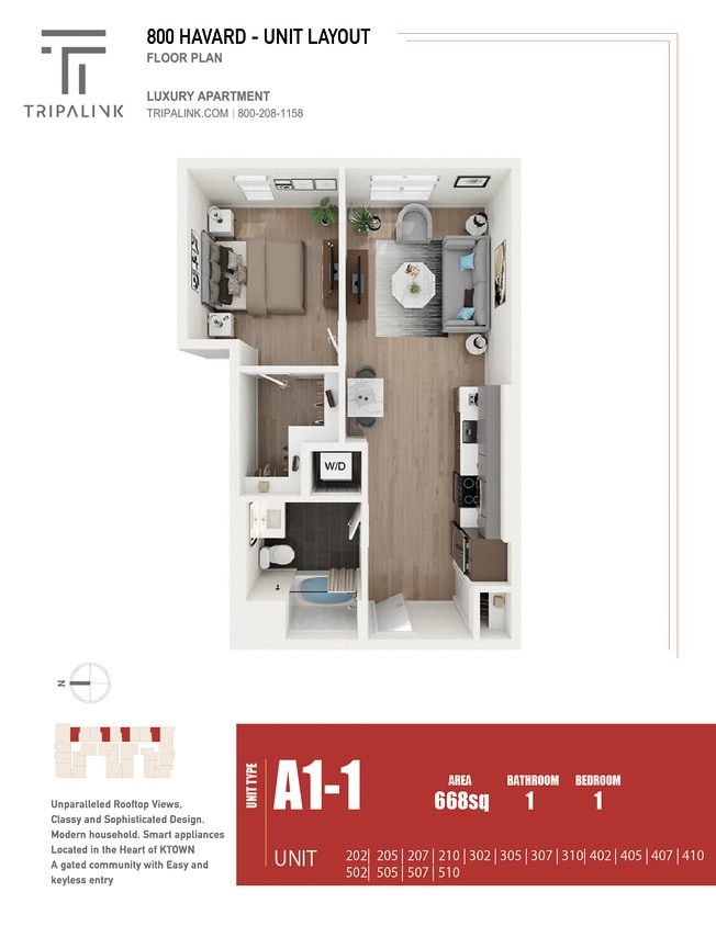Floor Plan - 1 Bed 1 Bath - 668 sqft