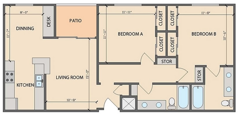 2 BD/2 BA Floor Plan - Unit 102, 202, 302 - 2x2