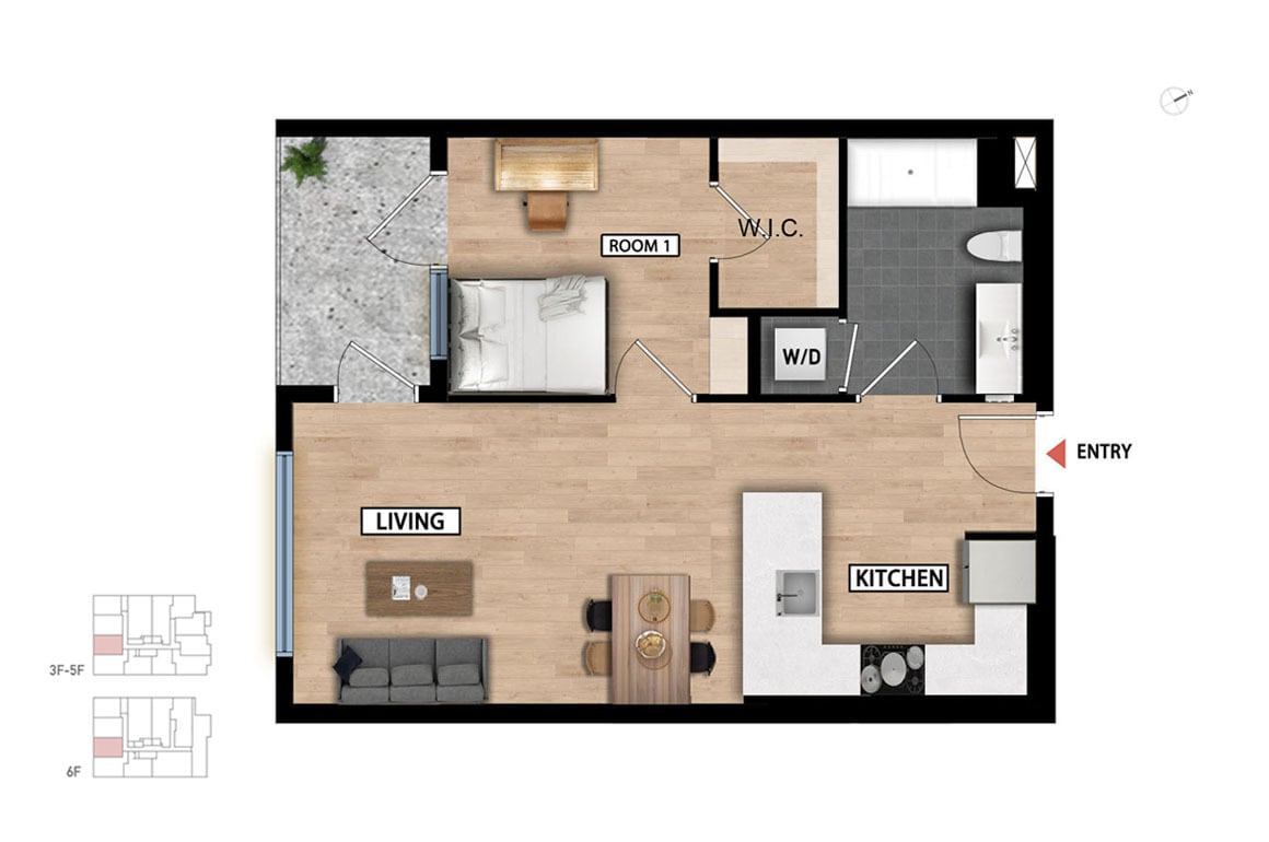 Floor Plan - 1 Bed 1 Bath - 621 sqft
