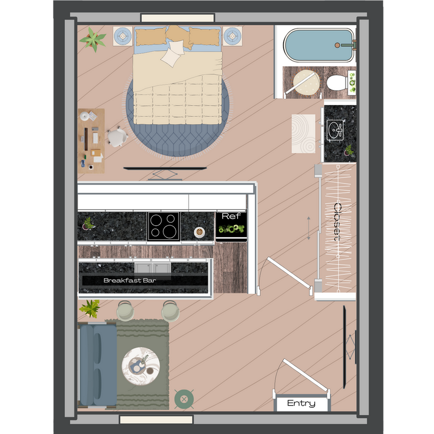 2D Rendering of a 1 Bed Floor Plan - 1x1