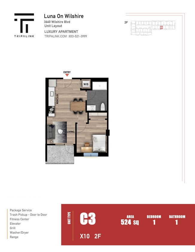Floor Plan - 1 Bed 1 Bath - 524 sqft