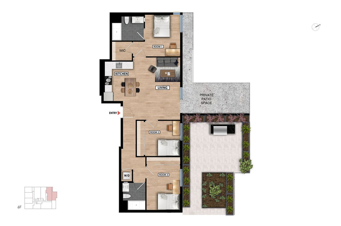 Floor Plan - 3 Bed 2 Bath - 1107 sqft
