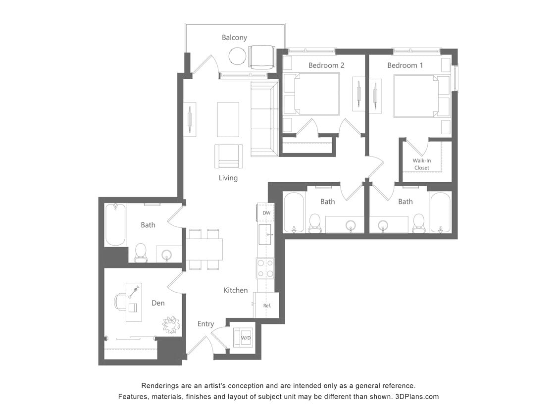 Floor Plan - 2 Bed 3 Bath +Den - 1091 sqft