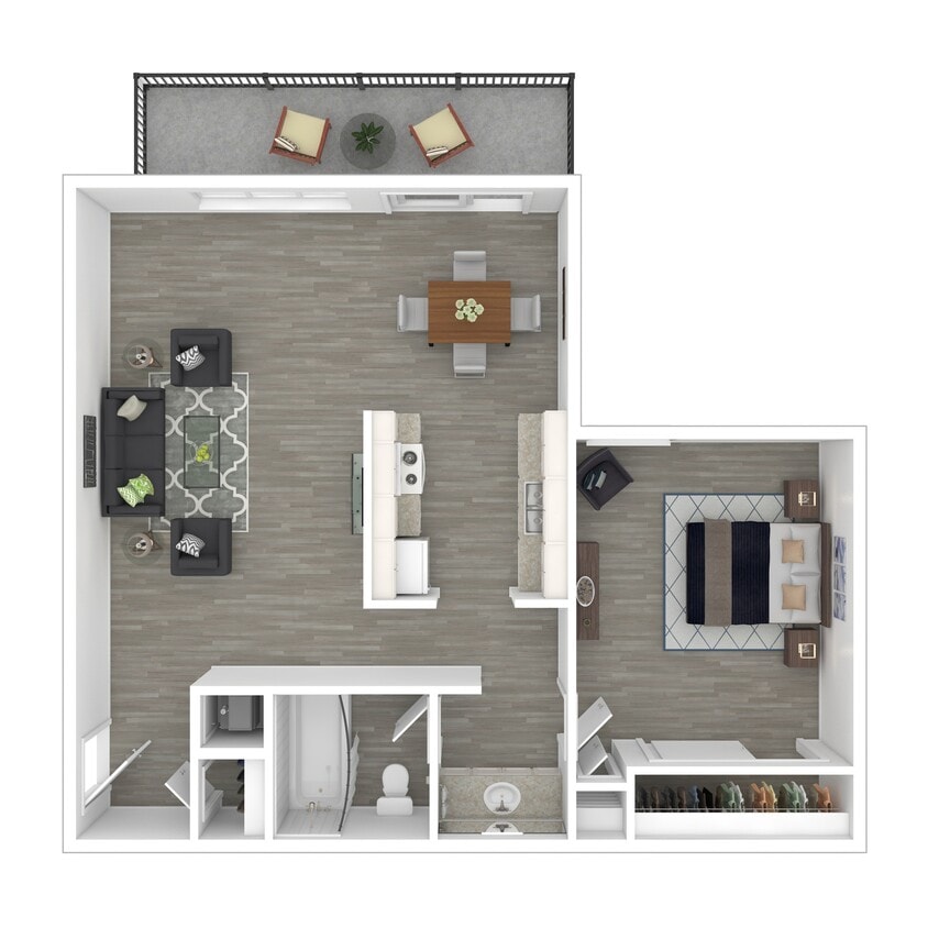 One-Bedroom, One-Bathroom - 3D Furnished Floor Plan - 1x1UP