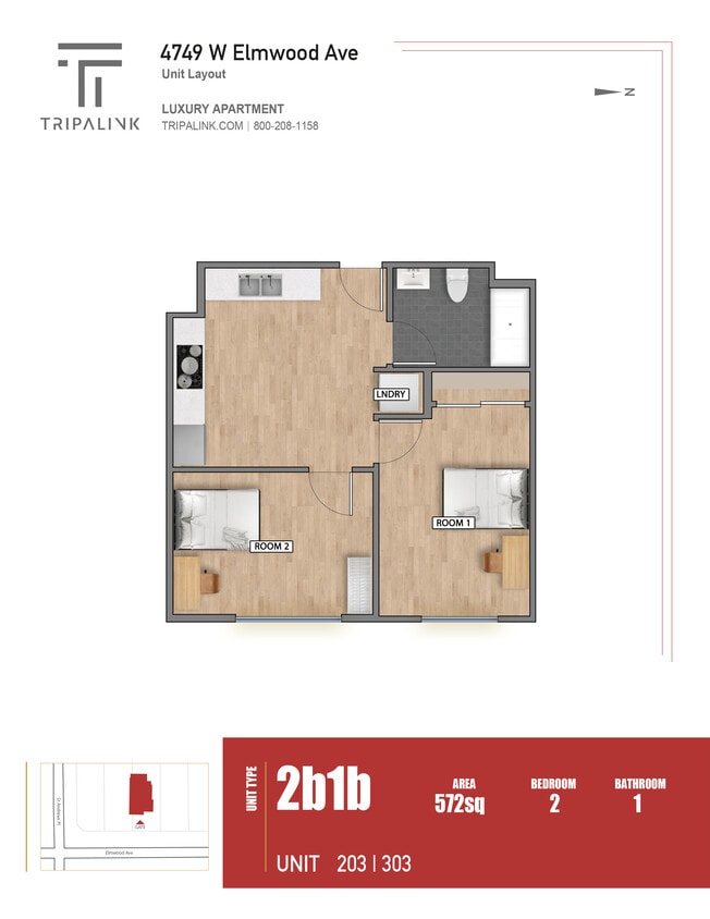 Floor Plan - 2 Bed 1 Bath - 572 sqft