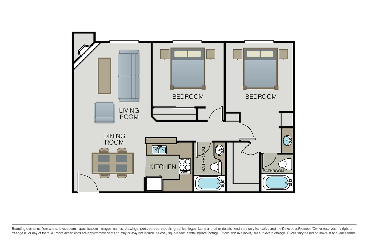 Floor Plan - 2 Bed 2 Bath - Park Place/Windsor Court
