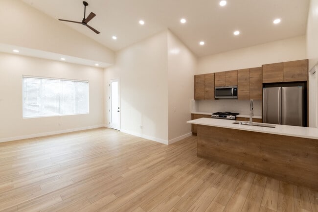 Large living space with 14 ft ceilings.Door leads to roof top deck. - 4774 Bancroft St Townhome