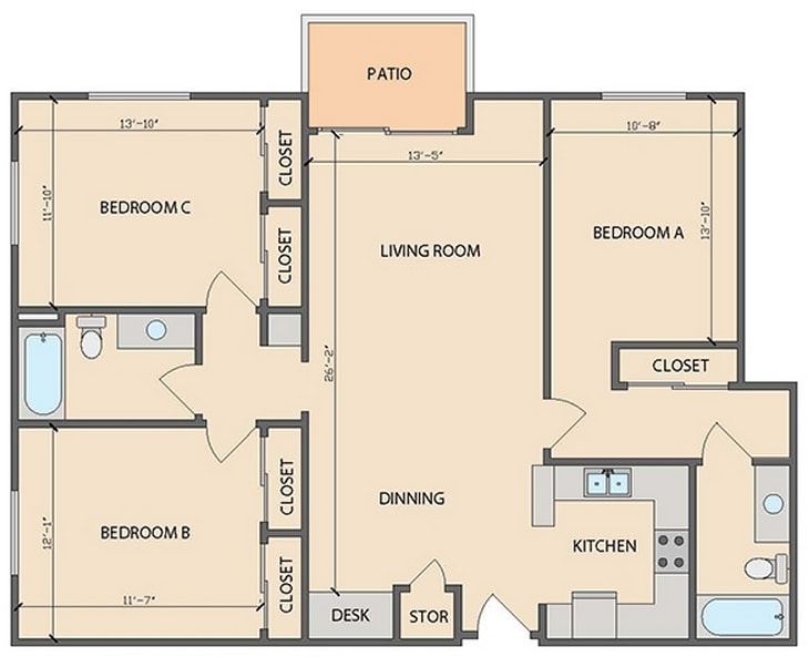 3 BD/2 BA Floor Plan - Unit 105, 205, 305 - 3x2