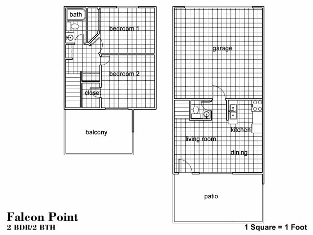 Floor Plan - 2BR/1.5BA Townhomes with Garage