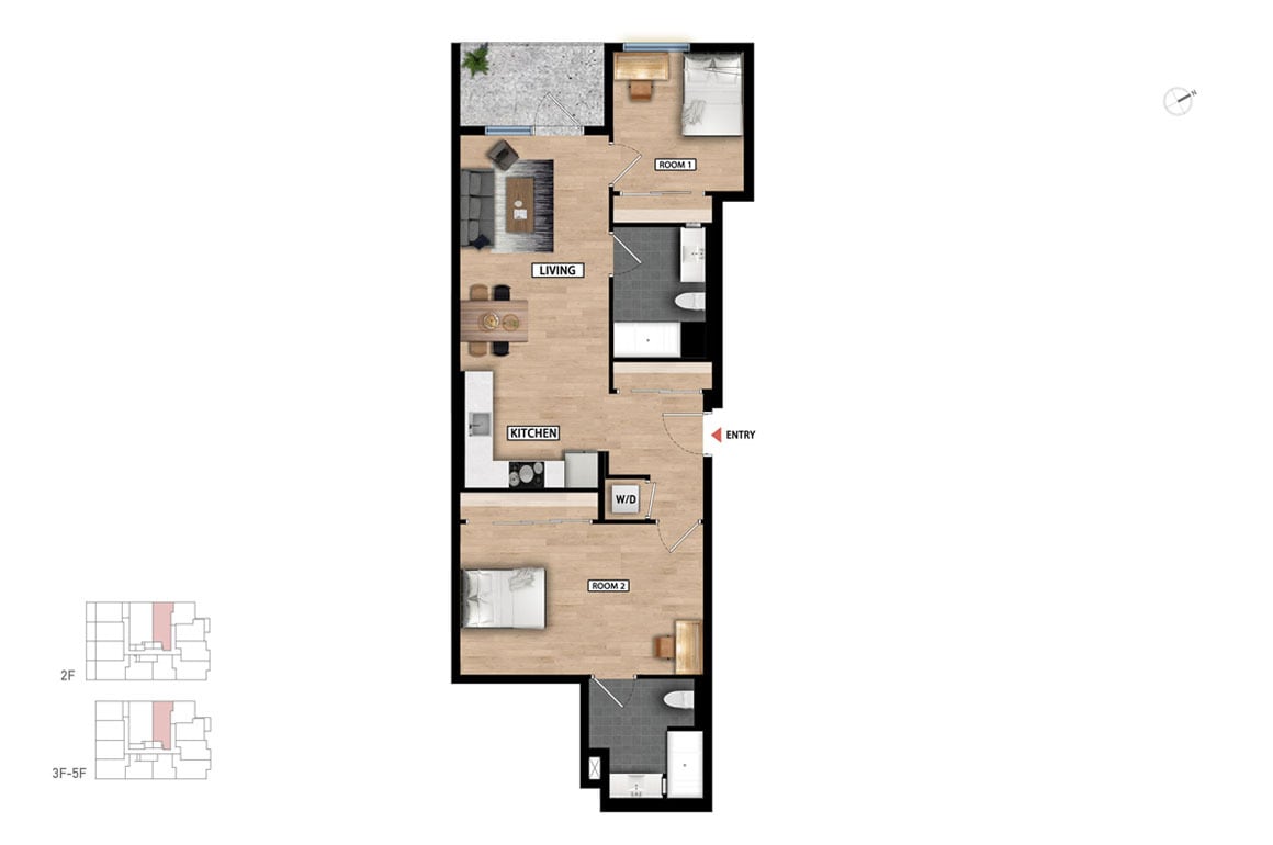 Floor Plan - 2 Bed 2 Bath - 958 sqft