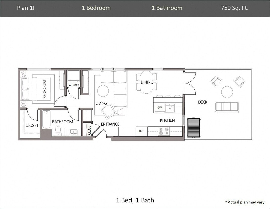 Floor Plan - 1 Bedroom Penthouse, 1 Bath Plan 1I