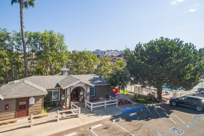 An aerial view of our Leasing Office and property at Meadow Creek Apartments in San Marcos, CA - Meadow Creek Apartments