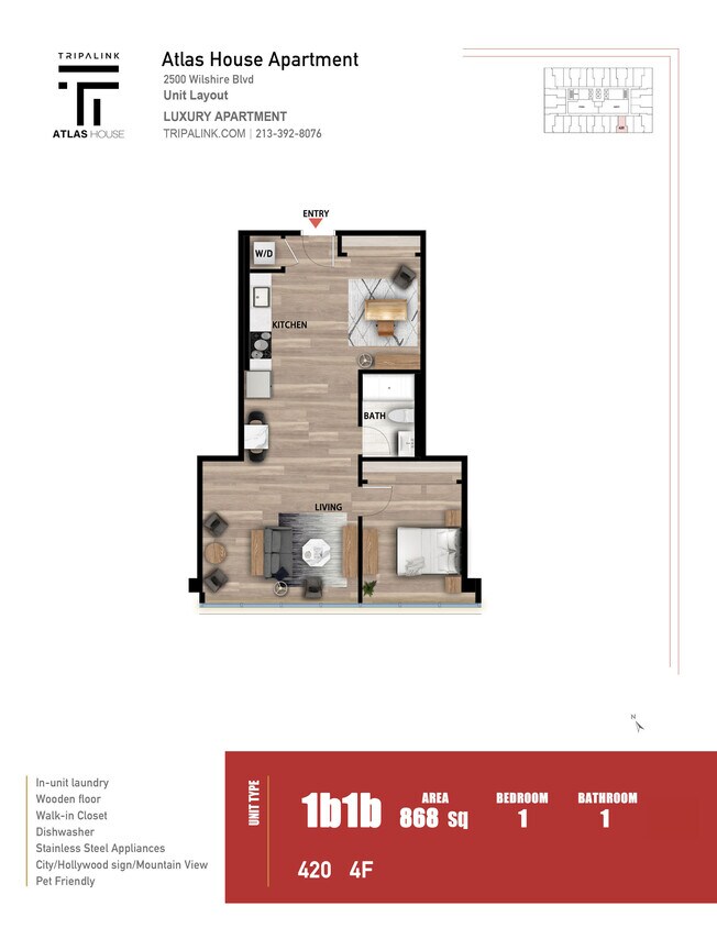 Floor Plan - 1 Bed 1 Bath +Den - 868 sqft