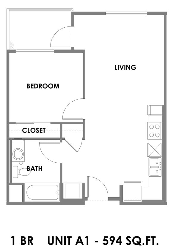 Floor Plan - 1 Bed 1 Bath - 594 sqft