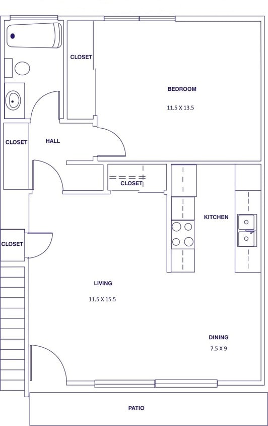 Plan A Downstairs 1BR, 1BA - 639SF - Plan A