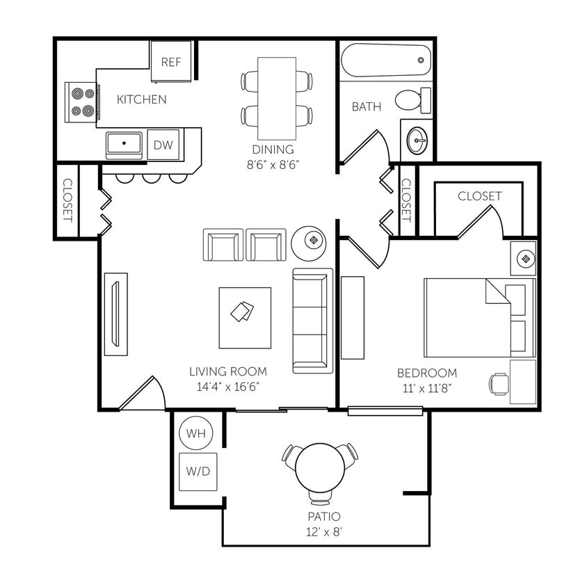 Floor Plan - 1 Bed, 1 Bath B