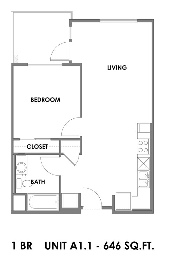 Floor Plan - 1 Bed 1 Bath - 653 sqft