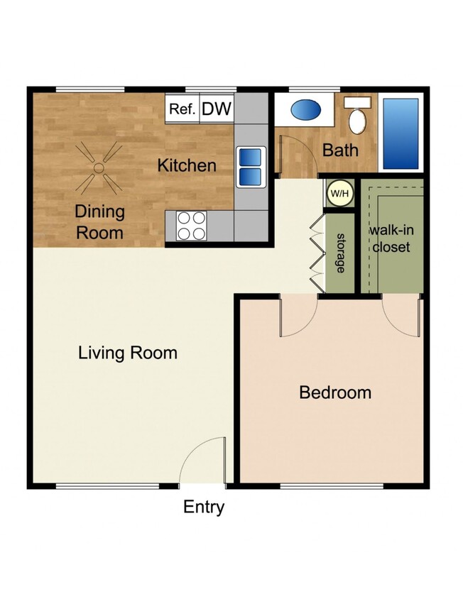 2D Rendering of a 1 Bed Floor Plan - 1x1