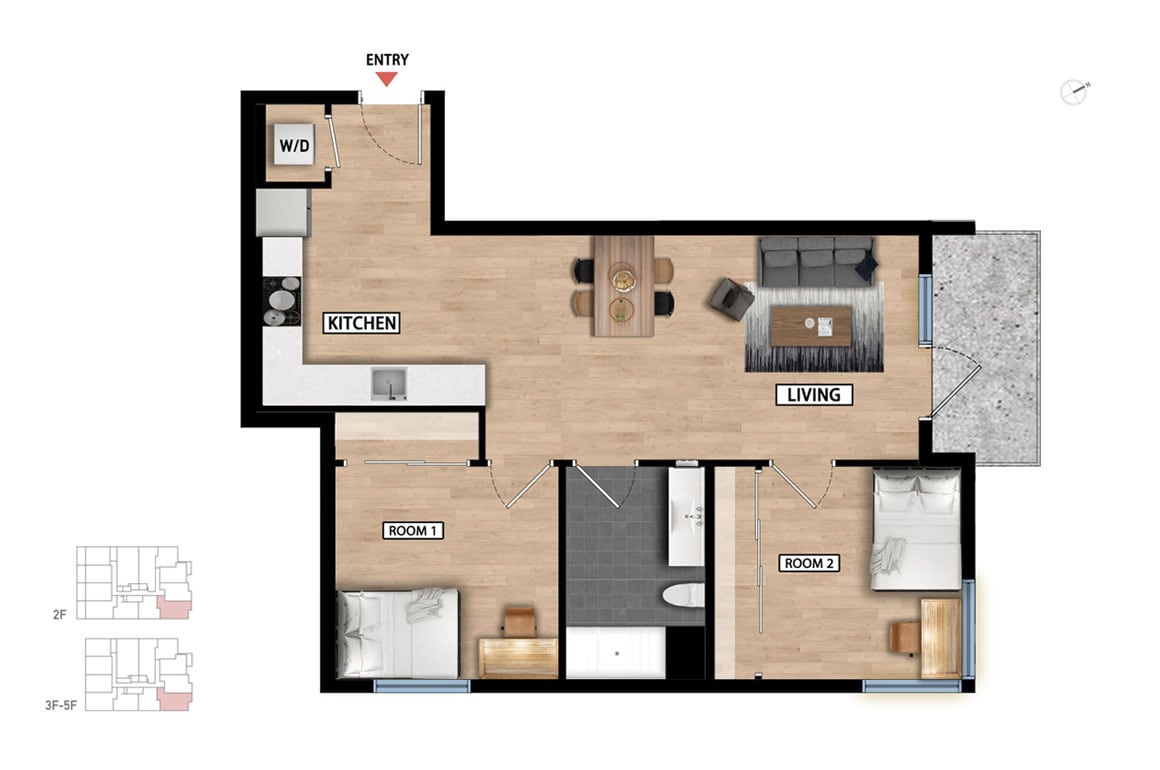 Floor Plan - 2 Bed 1 Bath - 831 sqft