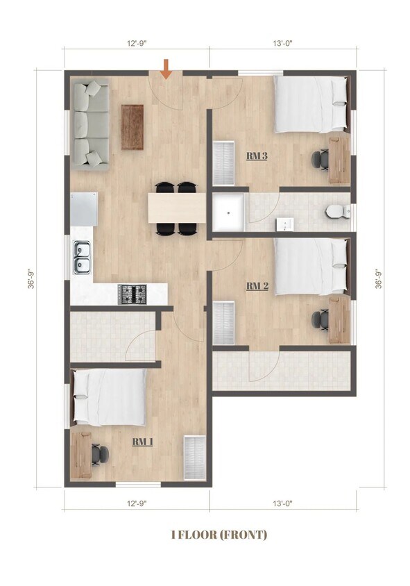 1299 1/4 Floor Plan - 1299 1/4 FL1 Private Suite in Shared 3B3B