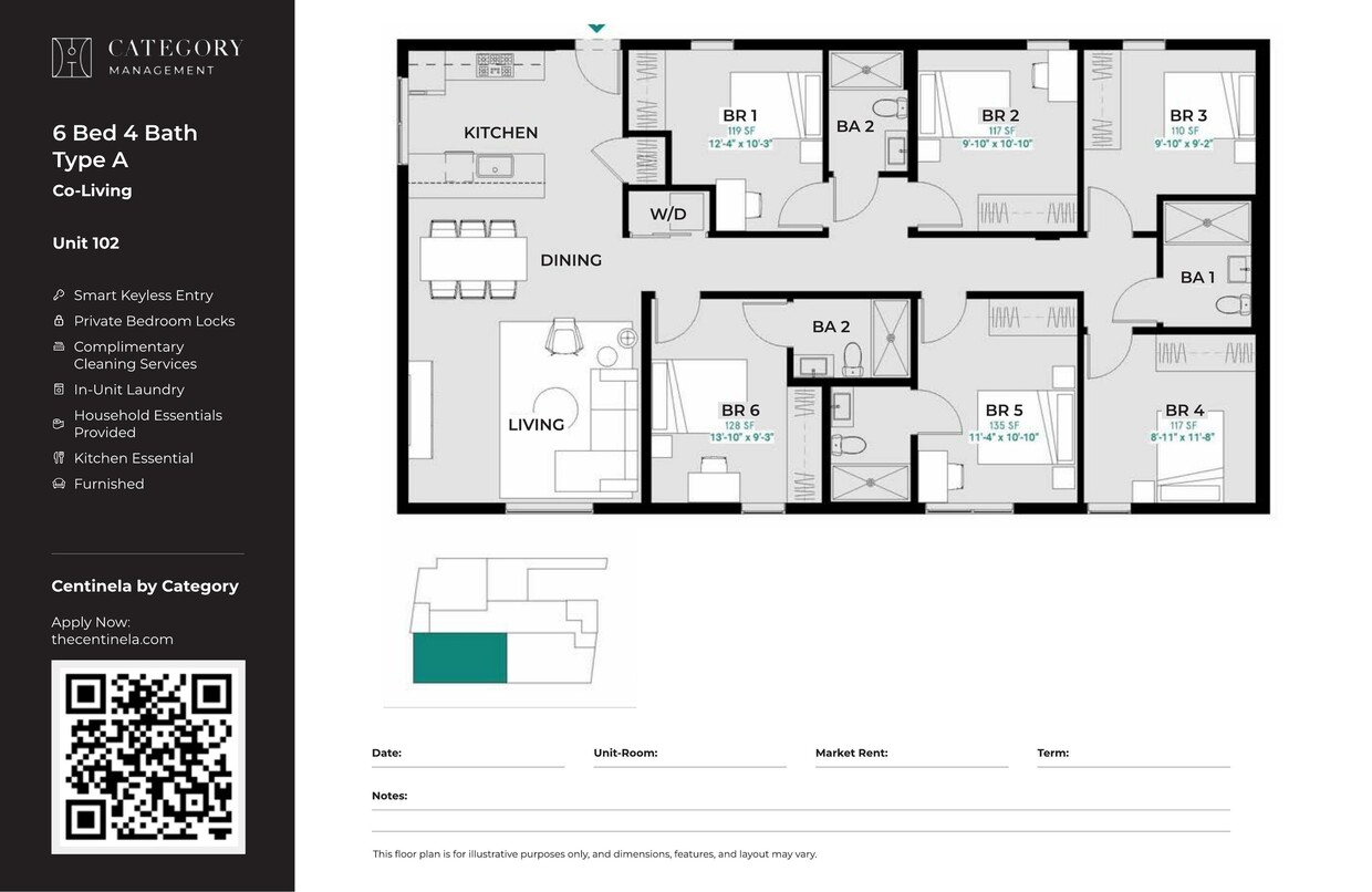 CENT_6_Bed_4_bath_Type_A - Private Bedroom in Shared 6 Bed 4 Bath - A
