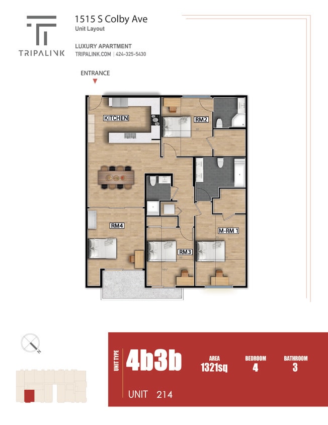 Floor Plan - 4 Bed 3 Bath - 1321 sqft