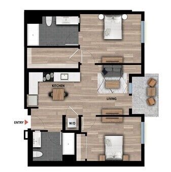 Floor Plan - 2 Bed 2 Bath - 907 sqft