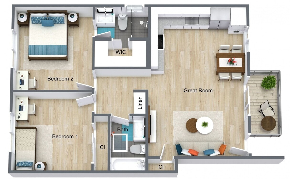 Floor Plan - 2 Bed 2 Bath | 852 sq ft |C| Upstairs