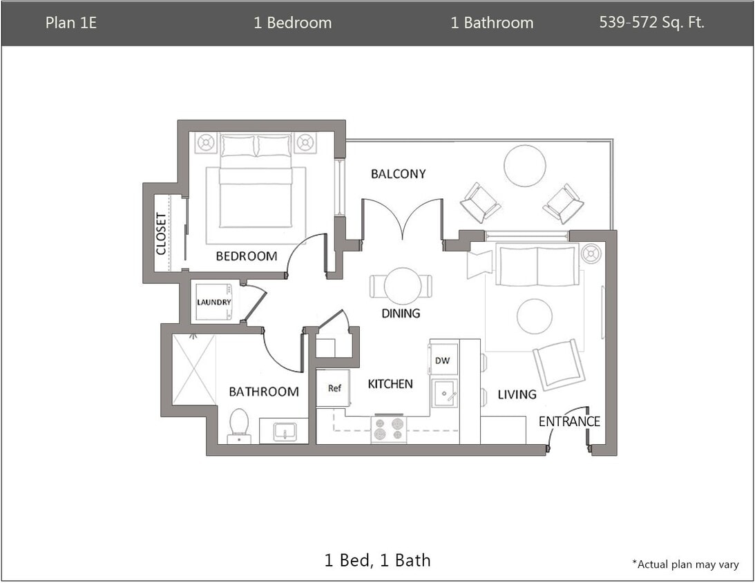 Floor Plan - 1 Bedroom, 1 Bath Plan 1E