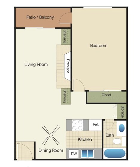 2D Rendering of a 1 Bed Floor Plan - 1x1