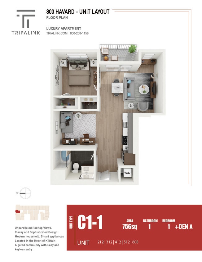Floor Plan - 1 Bed 1 Bath +Den - 756 sqft