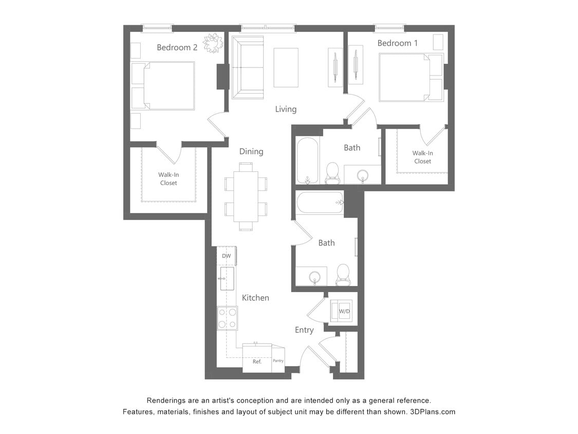Floor Plan - 2 Bed 2 Bath - 944 sqft