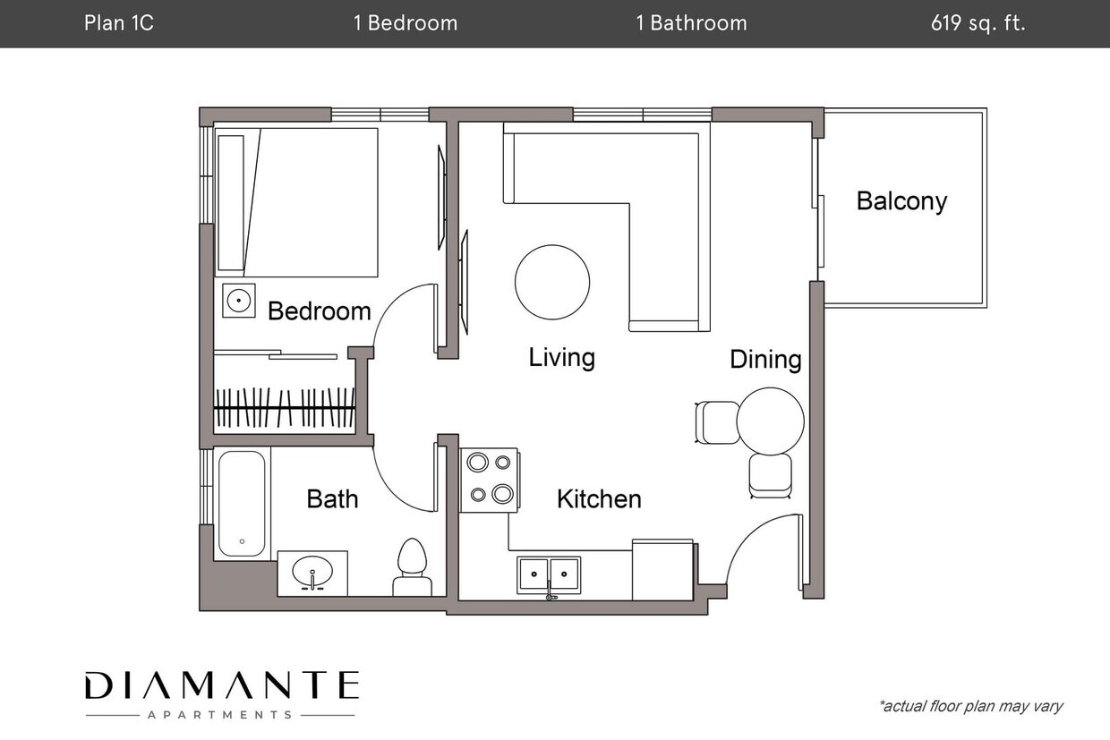 Floor Plan - Plan 1C - 1 Bedroom, 1 Bath