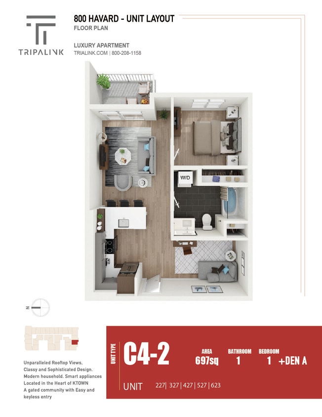 Floor Plan - 1 Bed 1 Bath +Den - 697 sqft