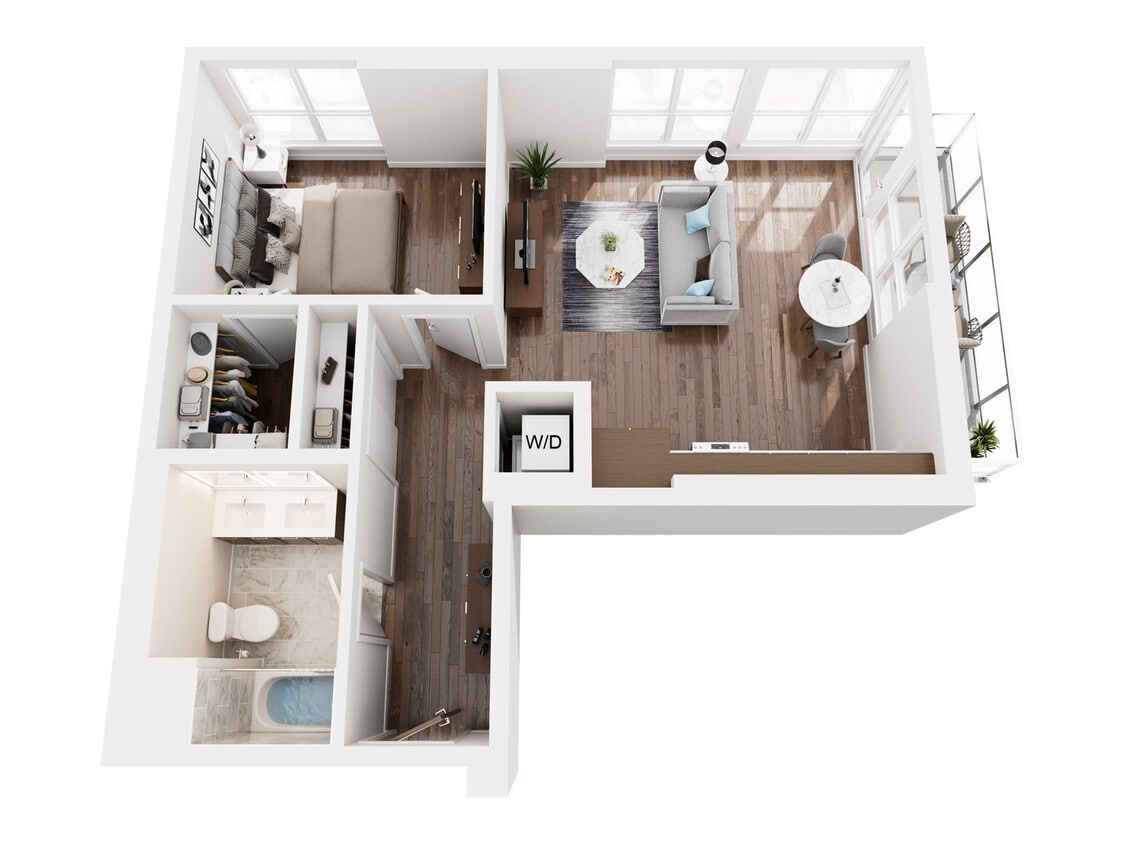 Explore the seamless design of this urban chic one-bedroom layout, perfect for modern living. - 1bP