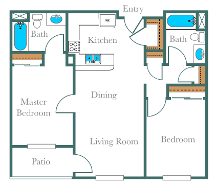 2D two-bedroom Floor Plan - 2x2