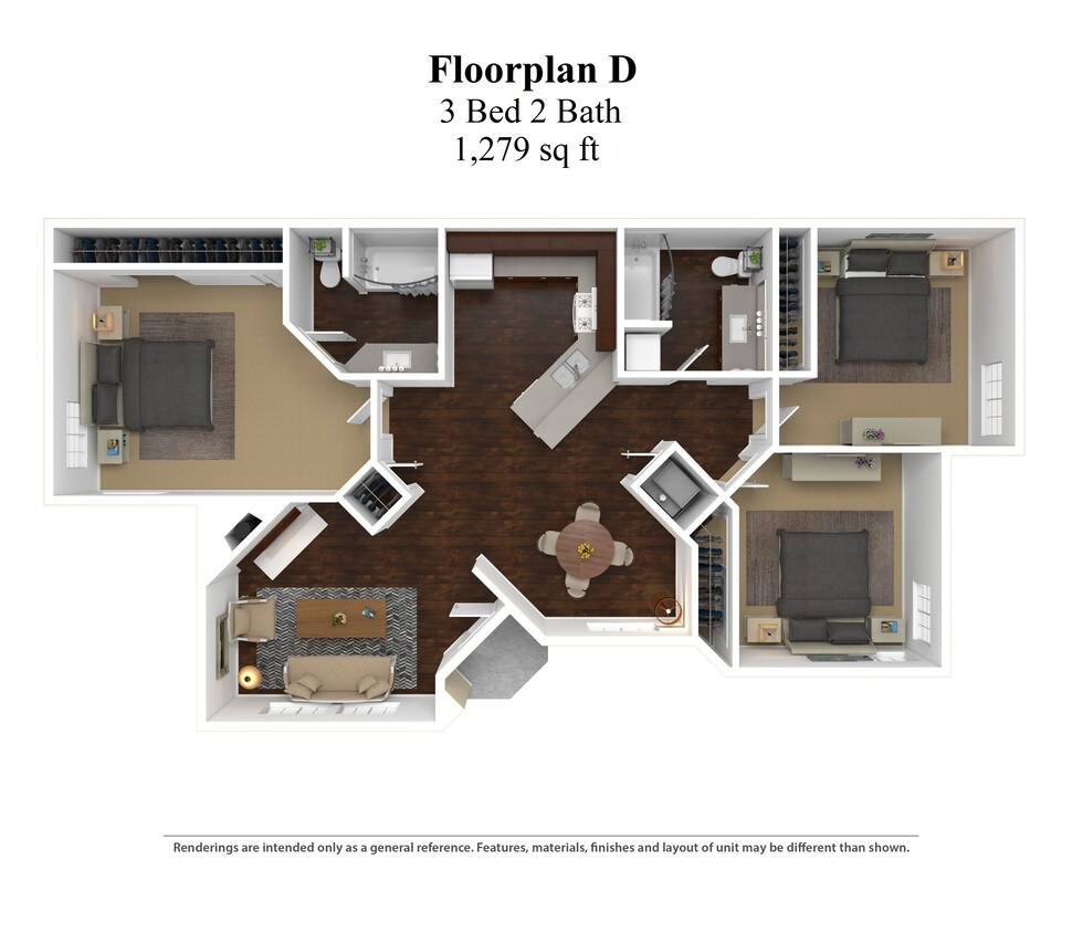 Floorplan D - 1279 Sq Ft - 3-2A
